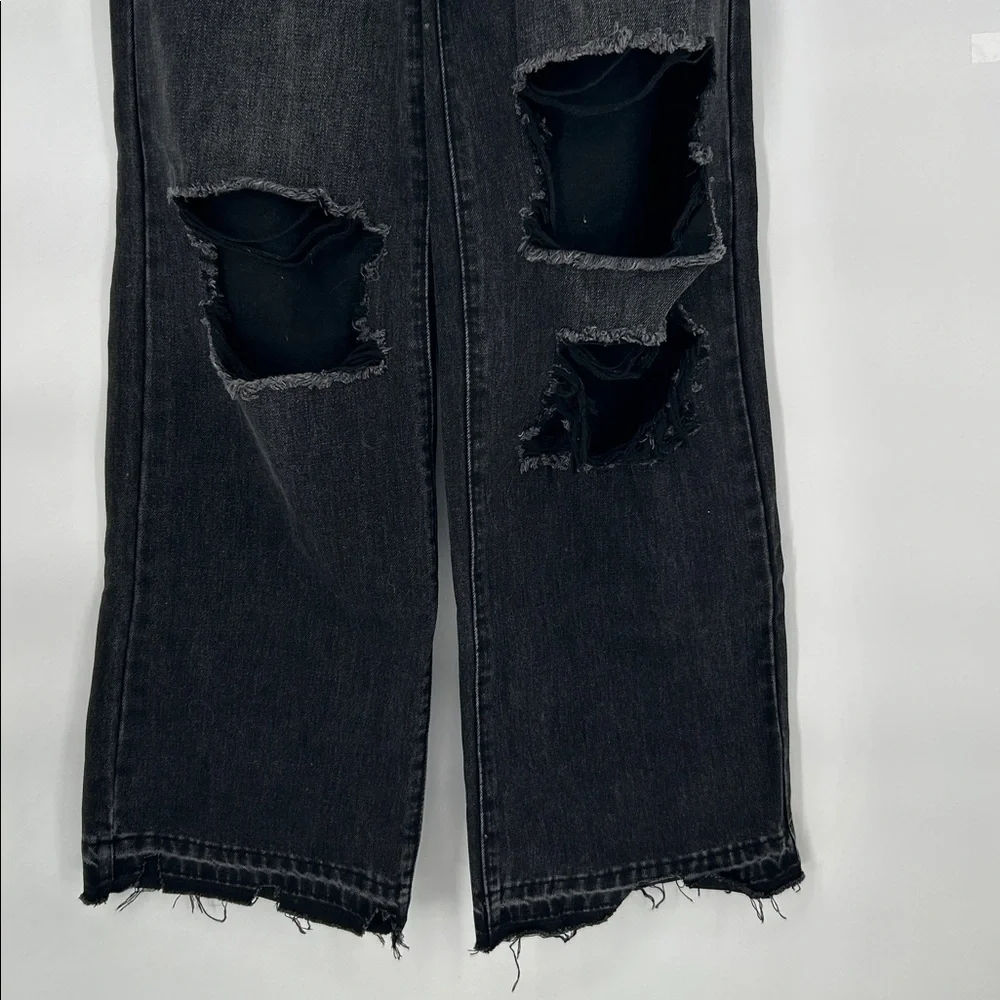 Vibrant M.I.U. Jeans Women's Juniors Size 1 Black Distressed High Rise Wide Leg - Picture 6 of 12